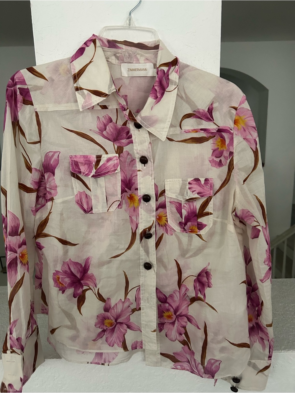 Zimmermann Cream Button-Down Shirt with Pink Floral Print